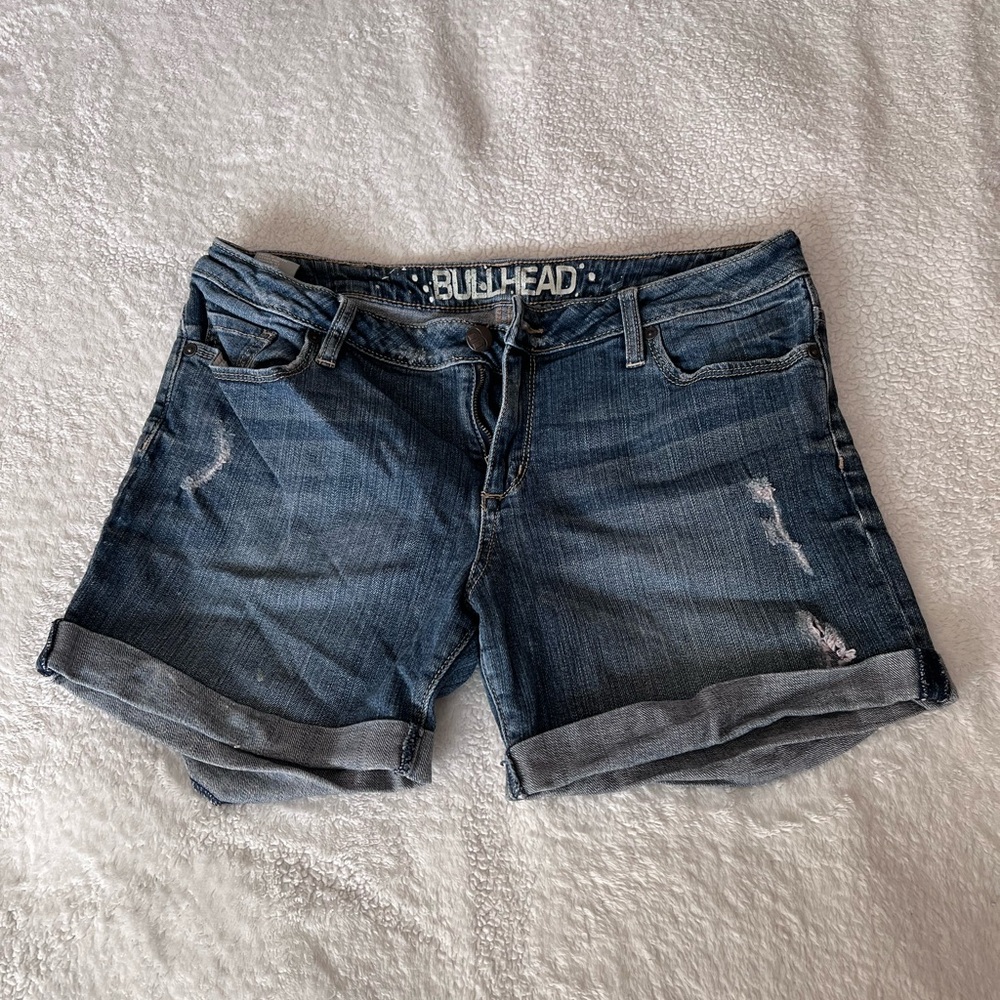Vintage Bullhead Women's Dark Blue Distressed Denim Roll-Cuff Shorts